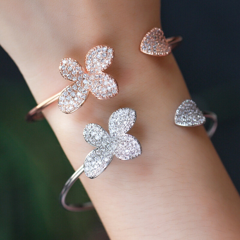 Rose Gold Plated Flower Leaf Open Cuff Bangle Bracelet Women CZ Zirconia Jewelry