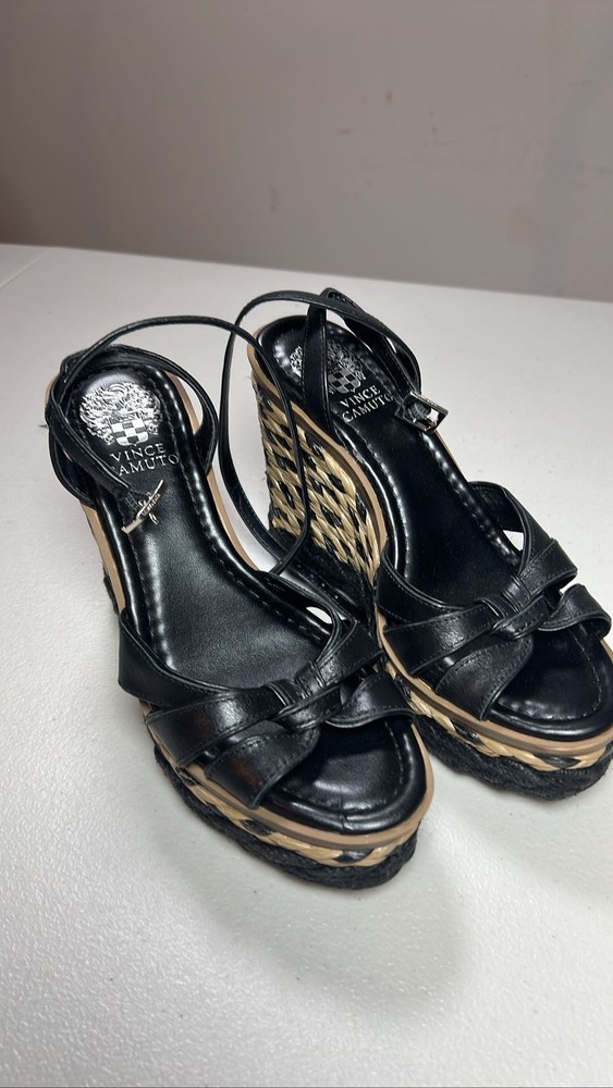 Vince Camuto Black Leather Wedge Platform Sandal Ankle Strap Braided Size 6.5m