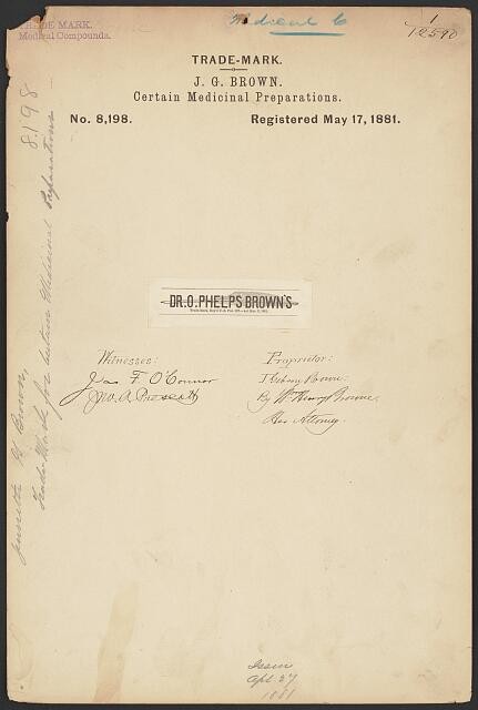 1881 J G Brown Dr O Phelps Brown Trademark Registration Medicinal Preparations