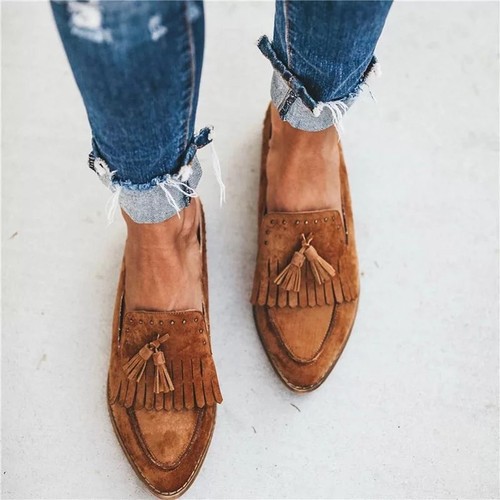 Womens Slip-On Oxfords Casual Shoes Faux Suede Pointed Toe Loafer Tassel Flats