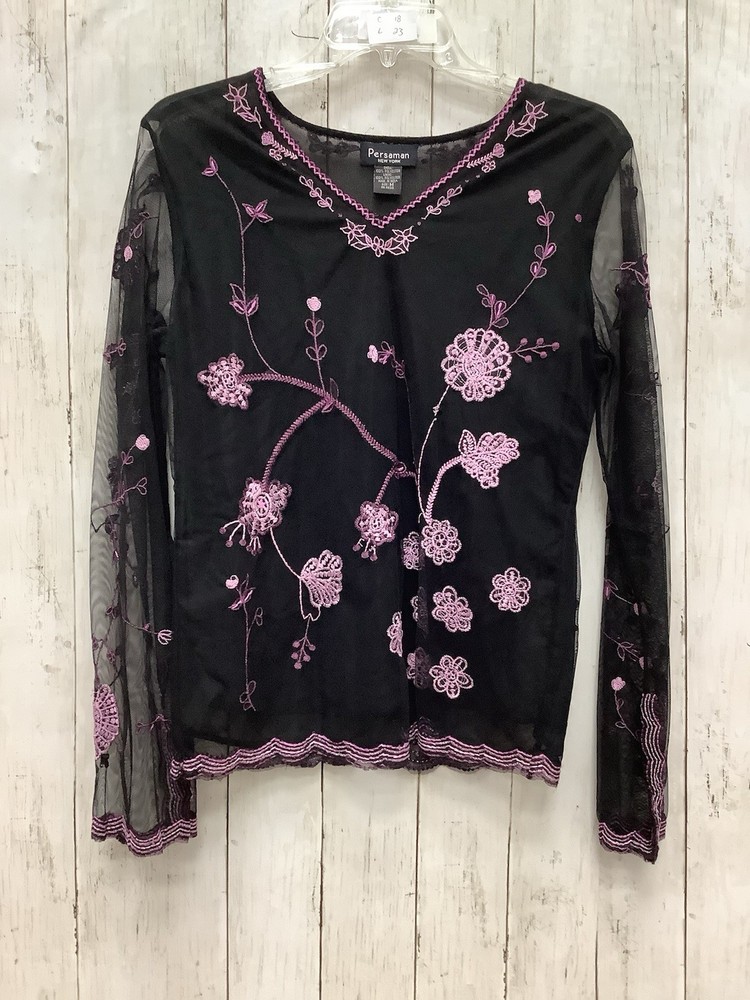 Persaman New York Medium Black Sheer Mesh Long Sleeve Floral Embroidered Blouse