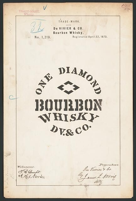 Photo:Du Vivier & Co Bourbon Whisky Trademark 1873 One Diamond Brand Label