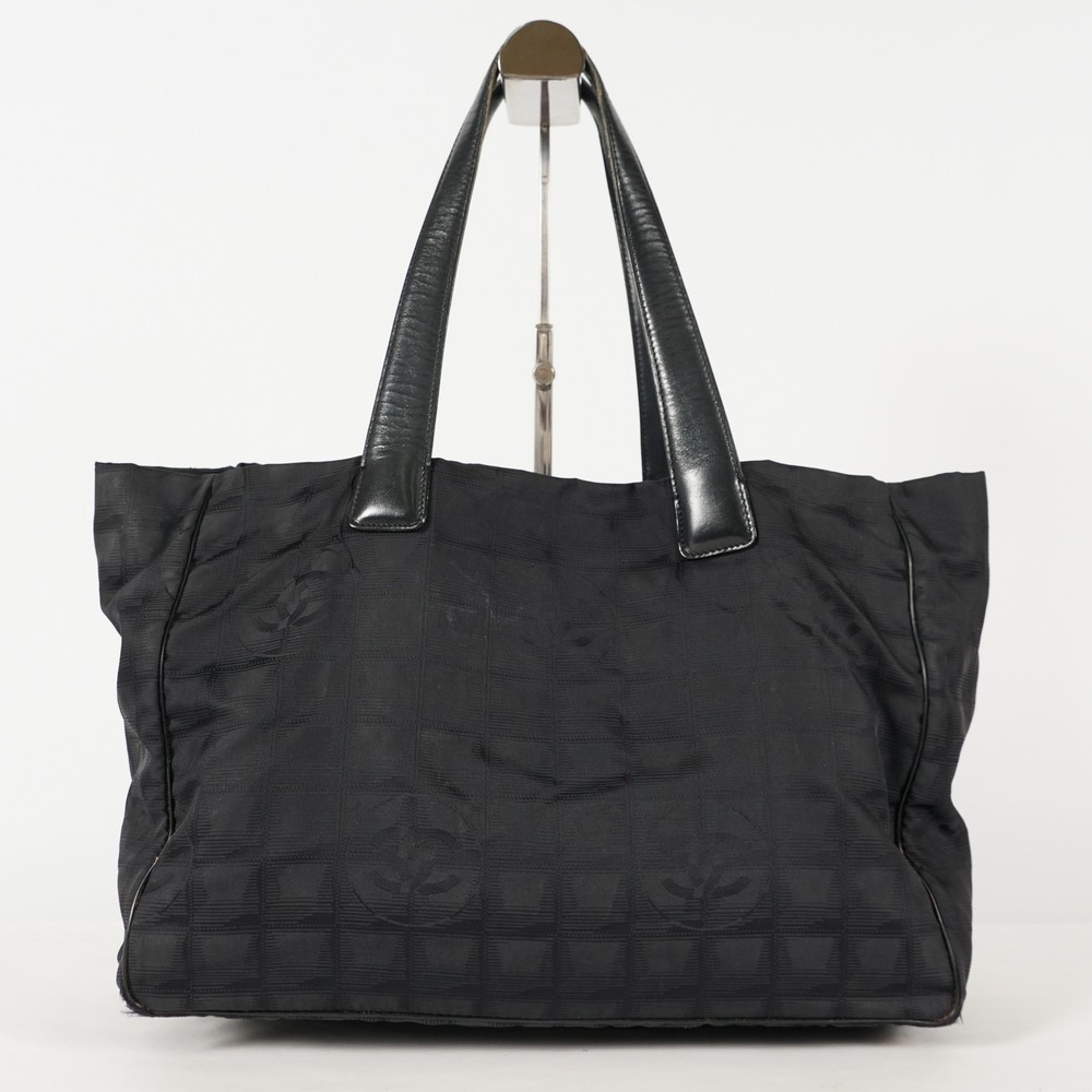 CHANEL Black Nylon Jacquard Leather Travel Tote Bag A15991 XY50