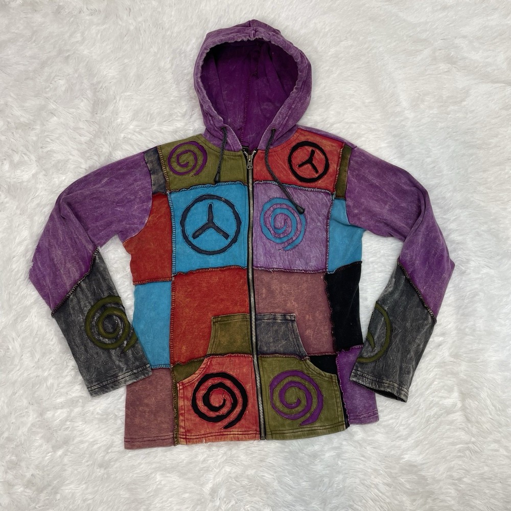 Rising International Women’s Small Full Zip Hoodie Boho Sweatshirt Patchwork Y2K