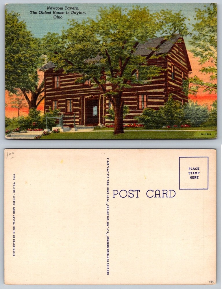 Dayton OH Newcom Tavern Oldest House Curt Teich Linen Postcard 1939 Ohio Log