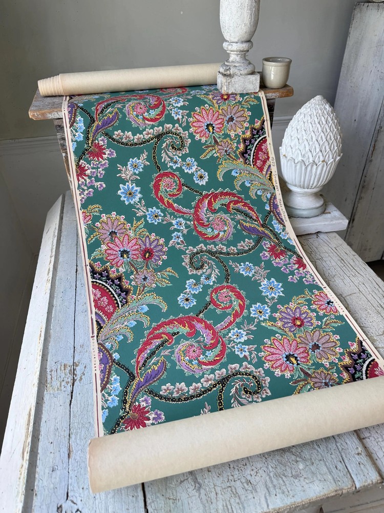 1 yard Vintage Zuber wallpaper 1969 French floral paisley roll teal pink blue b