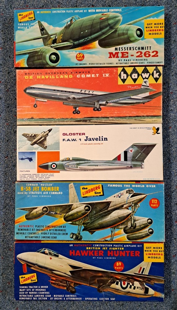 5 Vintage Lindberg and Hawk Early Jet  Aircraft  Kits.  N.O.S. No Reserve !