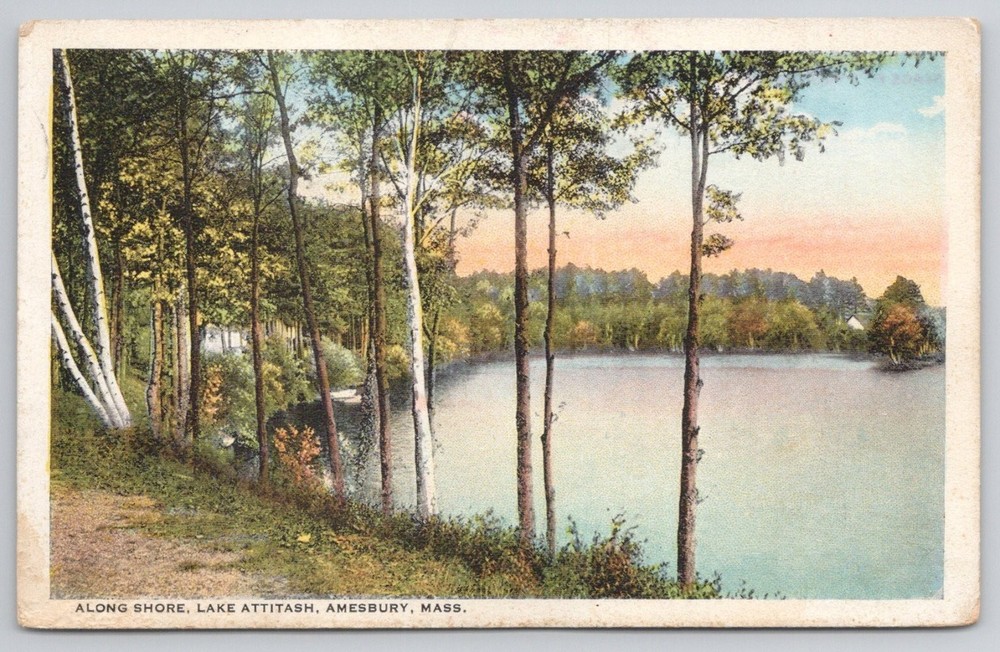 1923 Lake Attitash Amesbury MA Shoreline Trees Vintage Postcard Posted