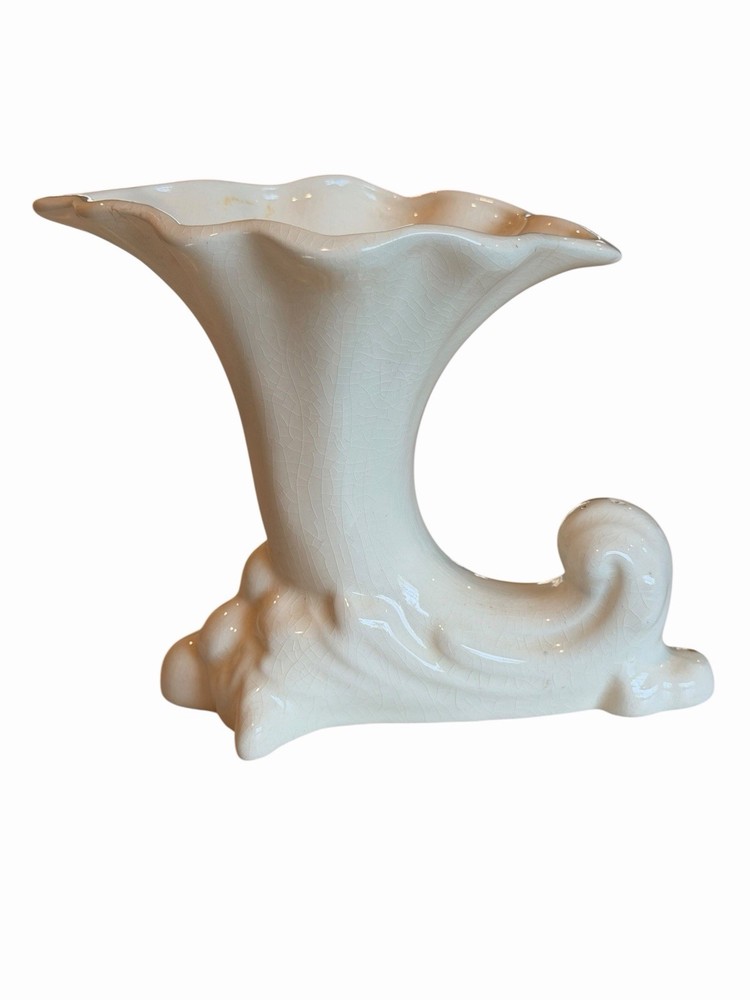Vintage Horn of Plenty Cornucopia Vase Planter White Mid Century Pottery