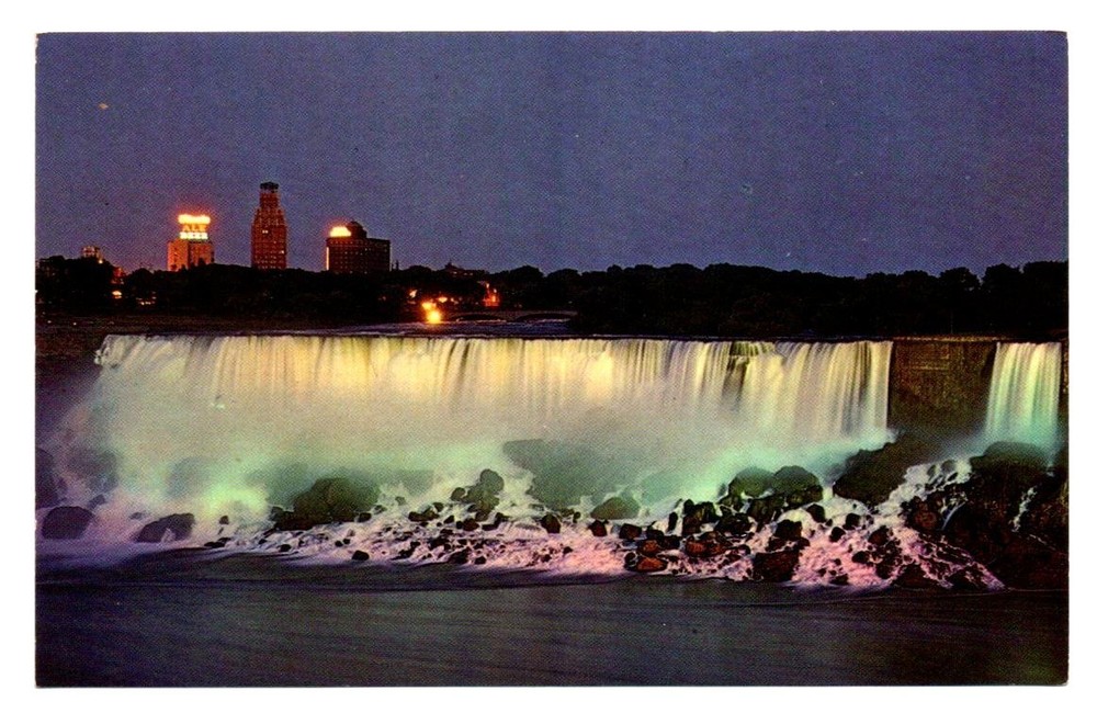 Vintage Plastichrome Postcard Niagara Falls Ontario Canada Night View Unposted