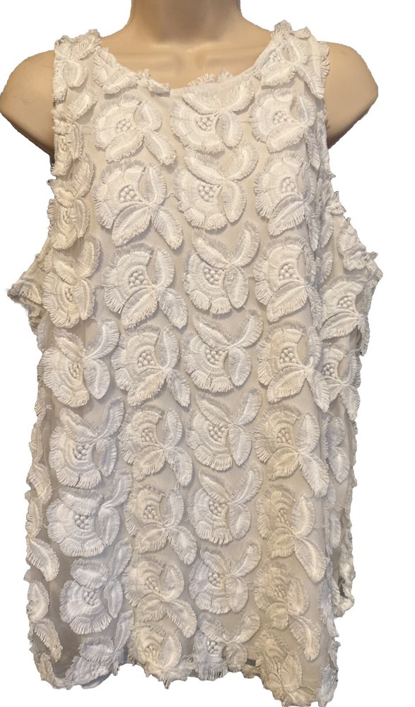 Alfani Women Top Blouse XL White On White Fringe/Floral Unique SEE PIX, NICE EUC