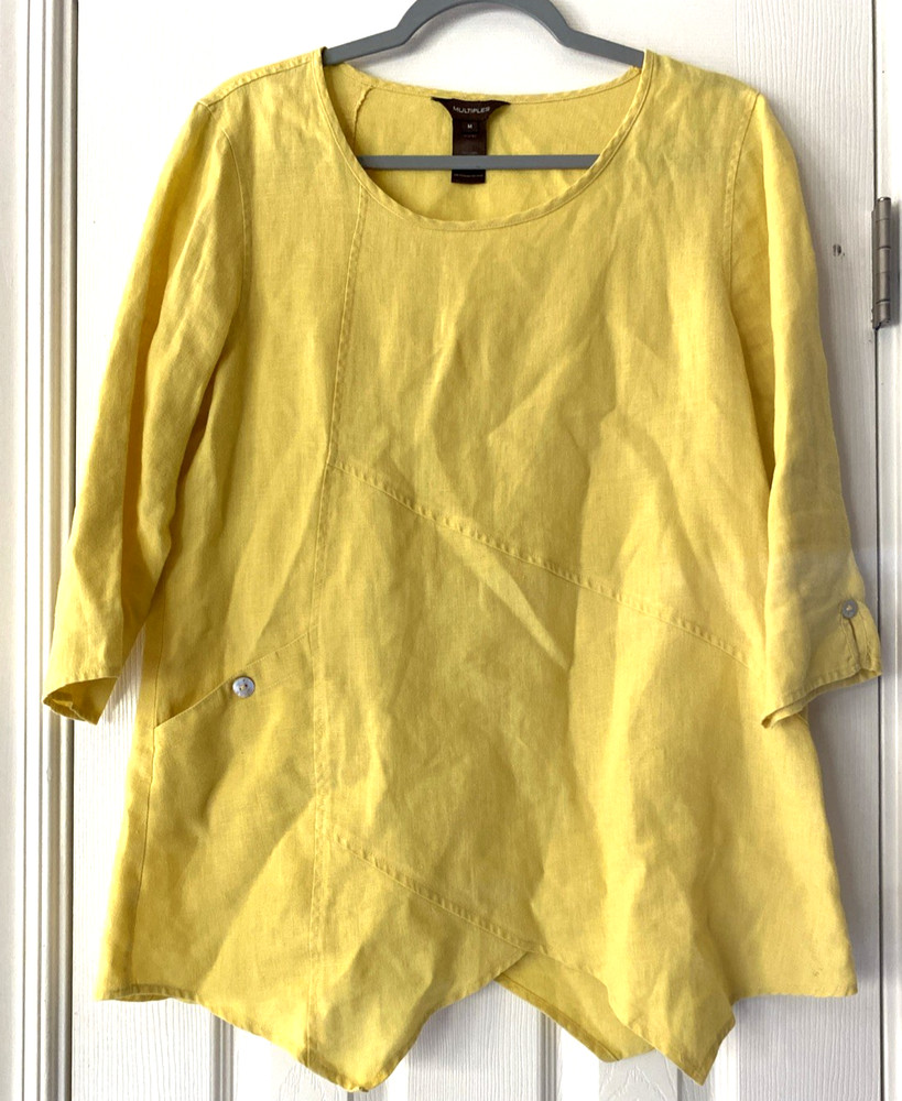 Womens Mulitples Pure Linen Asymmetrical Hem Tunic Top Button/Pocket Accent Med