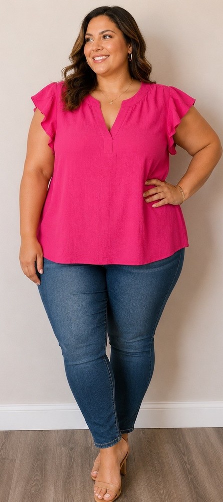Andree By Unit Plus Size Flutter Sleeve Top Blouse 1x * Hot Pink NWT