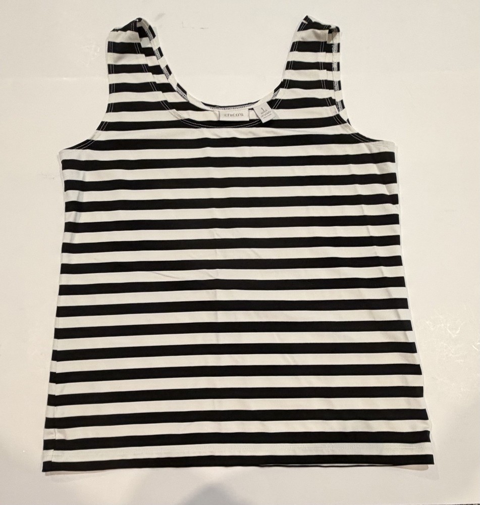Chicos Size 1 (us Size m) Nylon And Spandex Black And White Striped Tank Top
