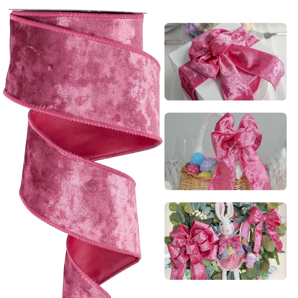 HUIHUANG Hot Pink Velvet Ribbon 2.5 inch, Pink Wired Ribbon for Easter Wreath...