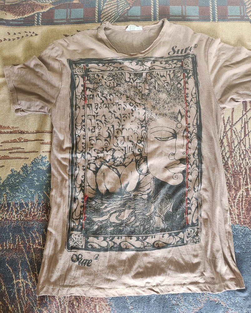 SURE Buddha Graphic Beige Black Men's T-Shirt Size L Short Sleeve Cotton Y2K