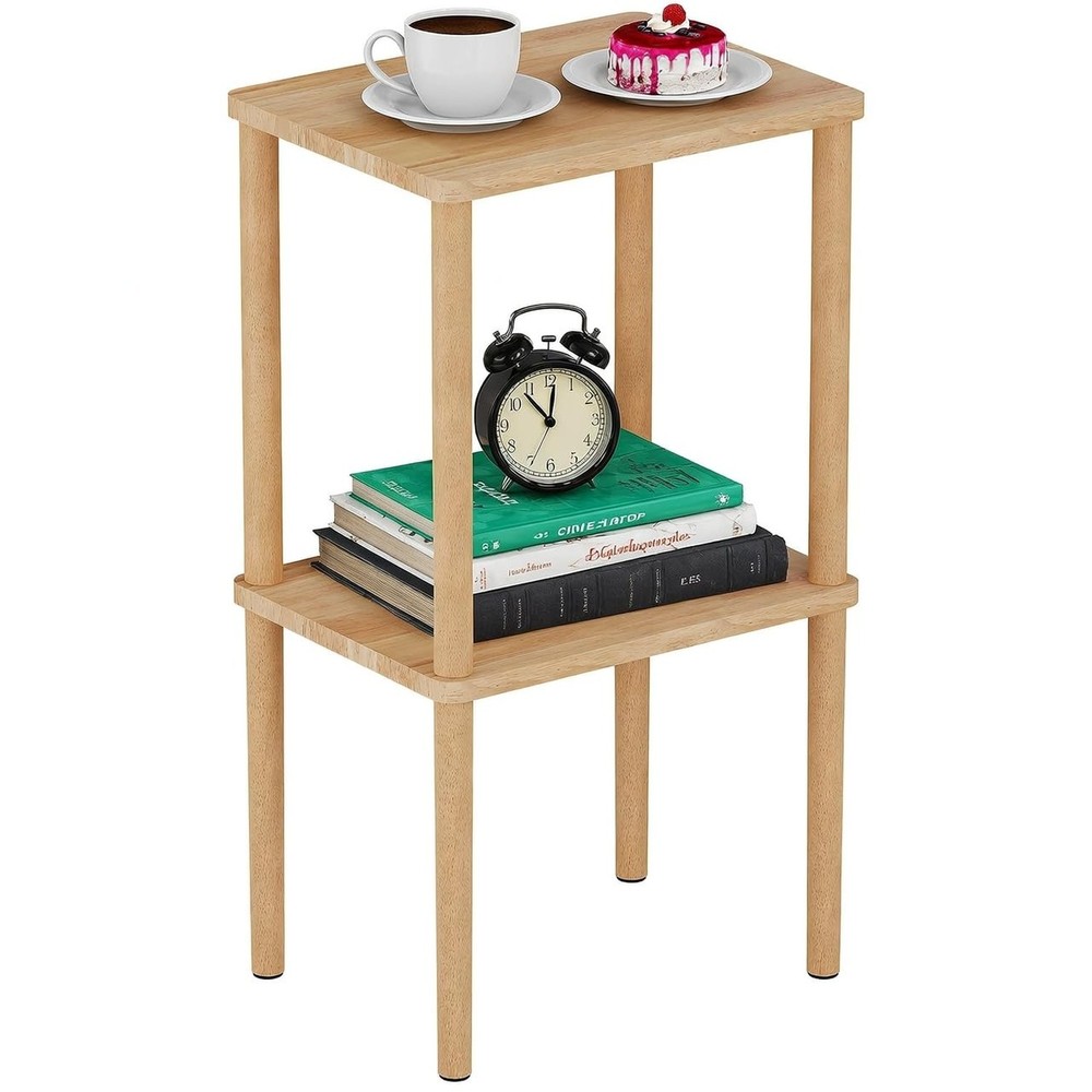 Solid Wood Side Table, 2-Tier Tall End Table with Storage Shelf, Small Nights...