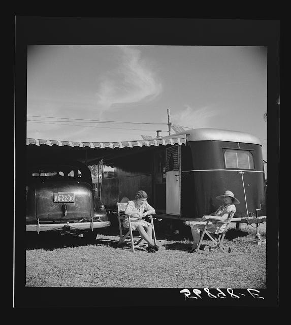 Photo:1930s Car Trailer Camp Women Reading Outdoors PA License Plate
