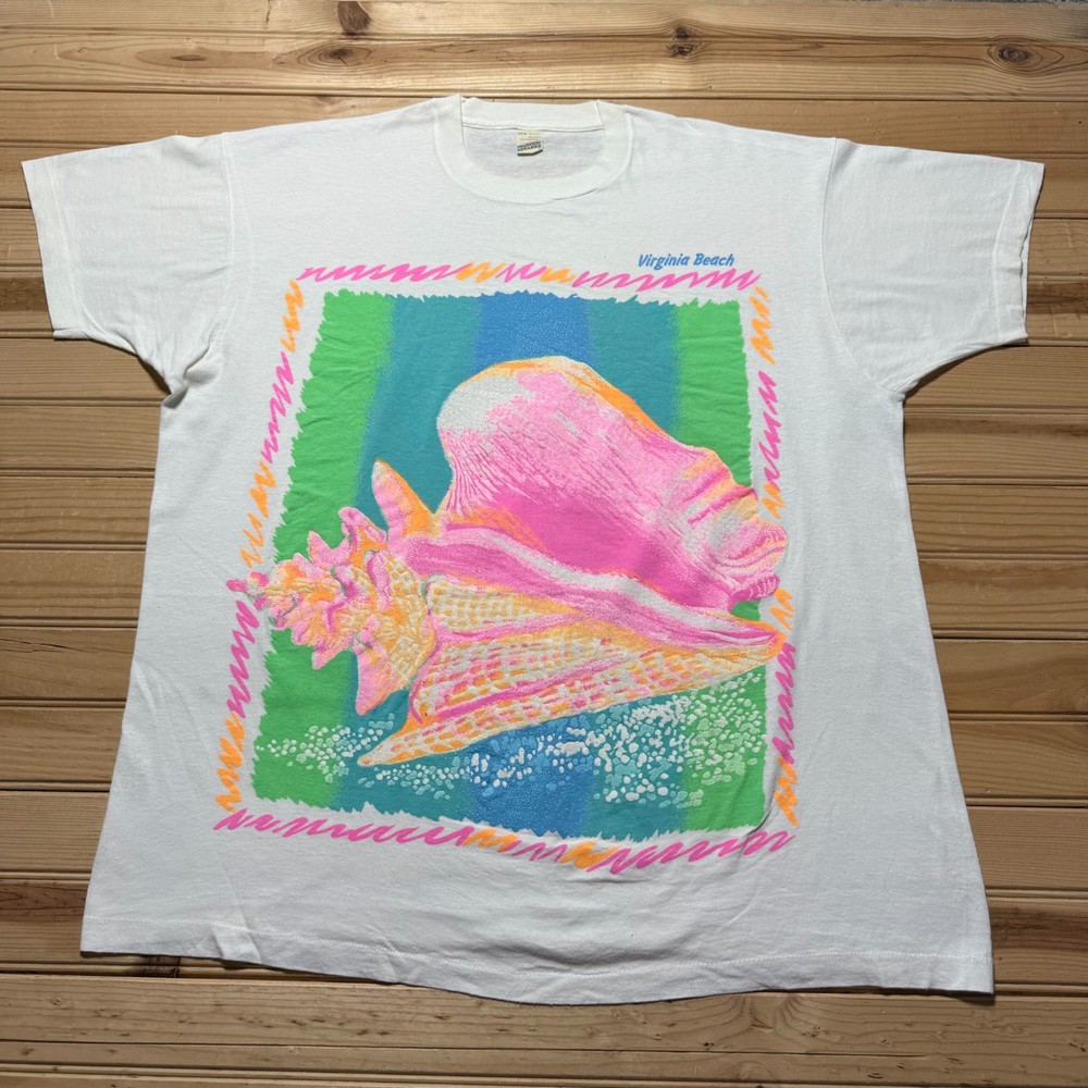 Vintage 90s Virginia Beach Conch Shell Neon Travel Tourist Souvenir Shirt - XXXL