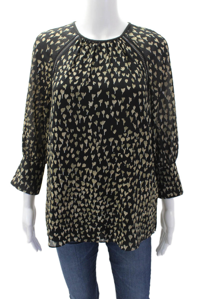 Reiss Womens Floral Print Round Neck Long Sleeve Blouse Top Black Size 4Free Shipping in US $100+ Orders | $6.95 Orders Below