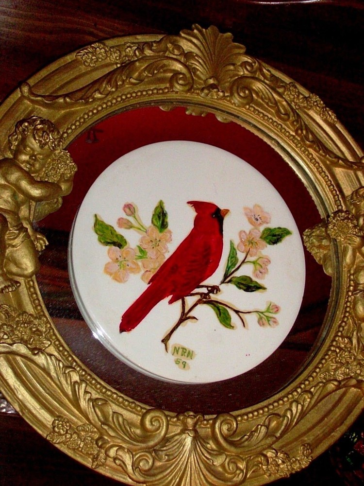VINTAGE 1959 Wheeling Ceramic Tile Trivet Red Bird Cardinals Signed Hand Painted