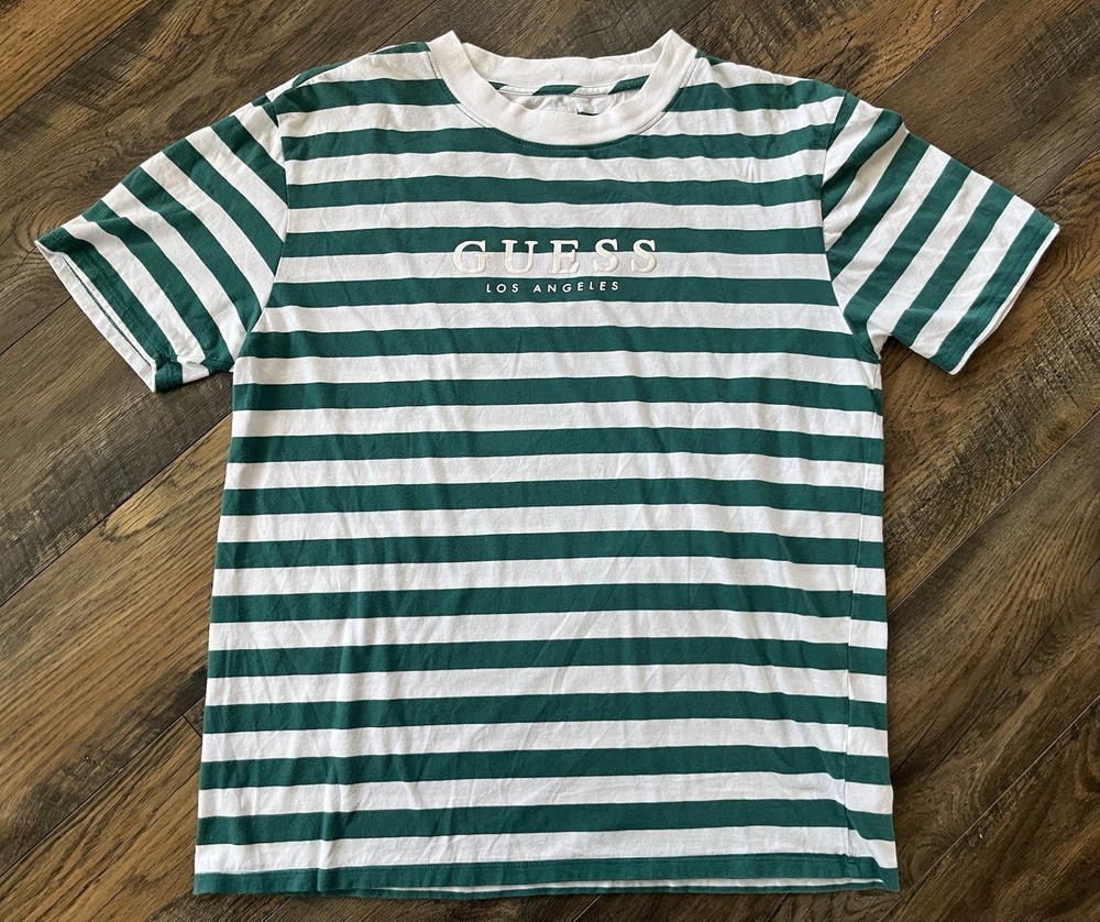 Men’s Guess Los Angeles Green White Striped T-Shirt Size Small Streetwear