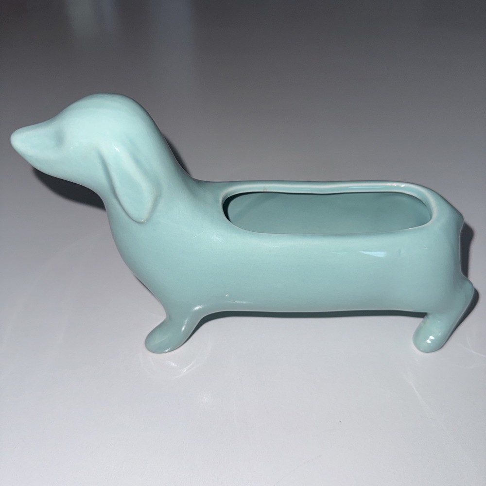 Vintage Style Light Blue Ceramic Weenie Dog Dachshund Planter