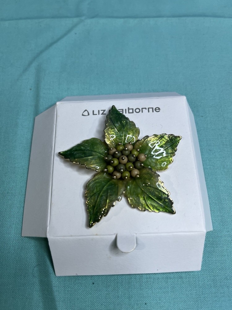 Vintage Liz Claiborne Enamel Green & Gold Flower with Beaded Center Pin Brooch