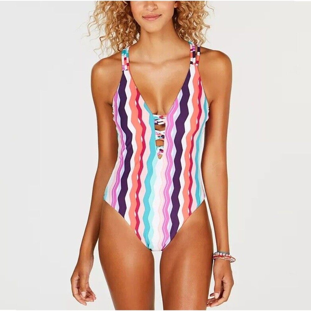 Bar III Women Colorful Waves Printed Strappy High Leg One-Piece Swimsuit Size M