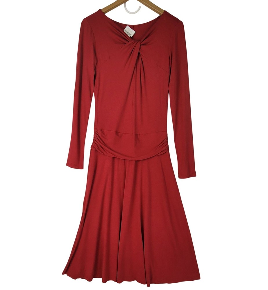 Donna Morgan Vintage Red Jersey Long Sleeve A-Line Knot Front Midi Dress Size 6