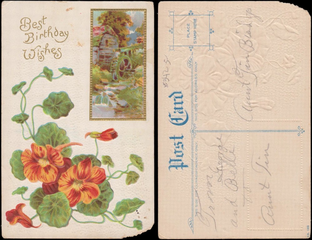 birthday greetings, trumpet vine with mill and stream inset, embossed