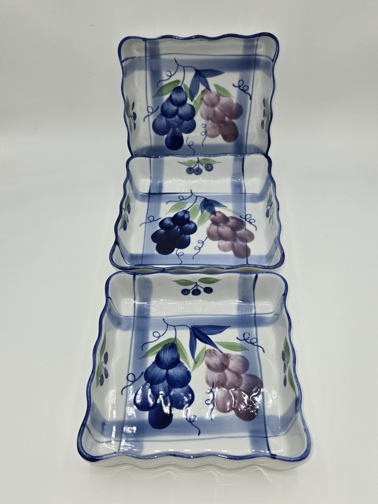 Vintage Tart Dish Square Baking Dish Grape Design and Scalloped Edges Set of 3