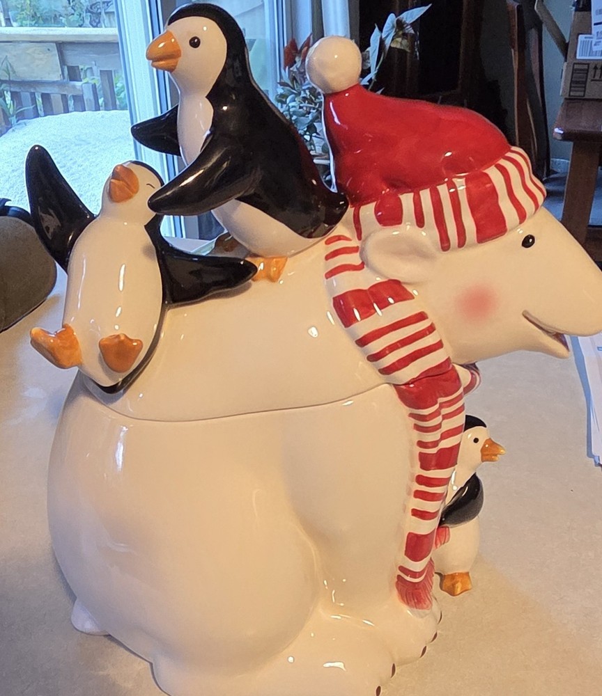 Vintage Harry&David Ceramic Polar Bear & Penguin Friends Cookie Jar Collectible