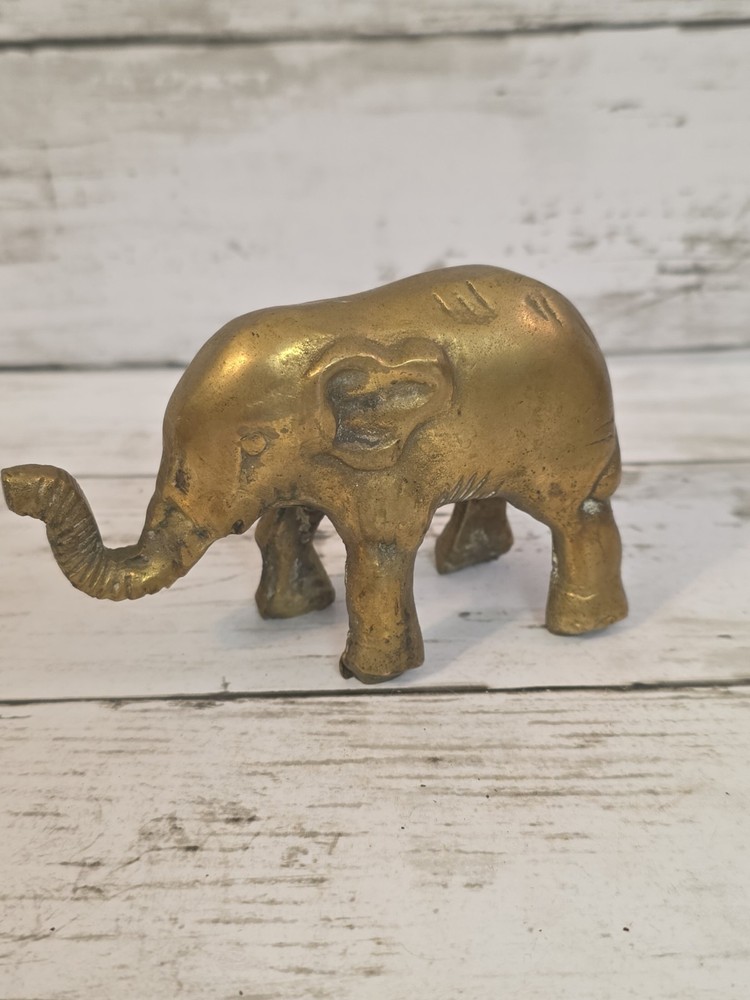 Vintage Brass Elephant Trunk Up Luck Figurine  MCM Paperweight Collectible