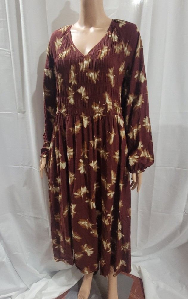 NWT Ava & Viv Long Sleeve Smocked Midi Bodice Dress Burgundy 2X Floral Autumn