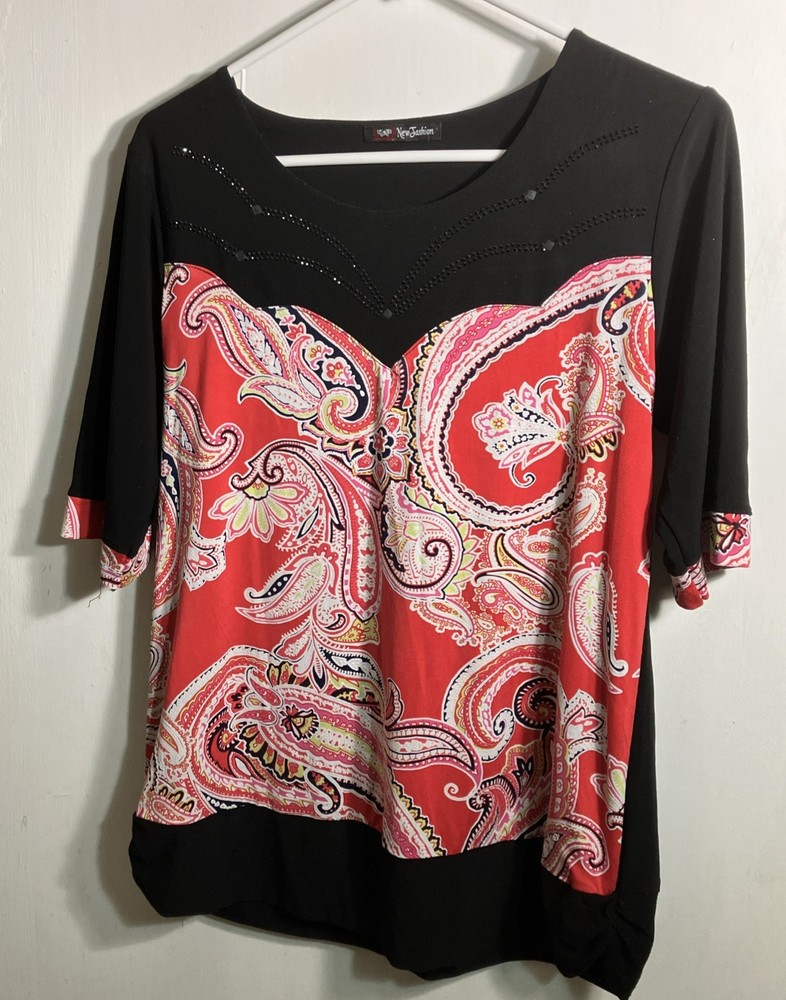 Red Black Short Sleeve Round Neck Stretch Jersey Top Large Appear2B Polyester