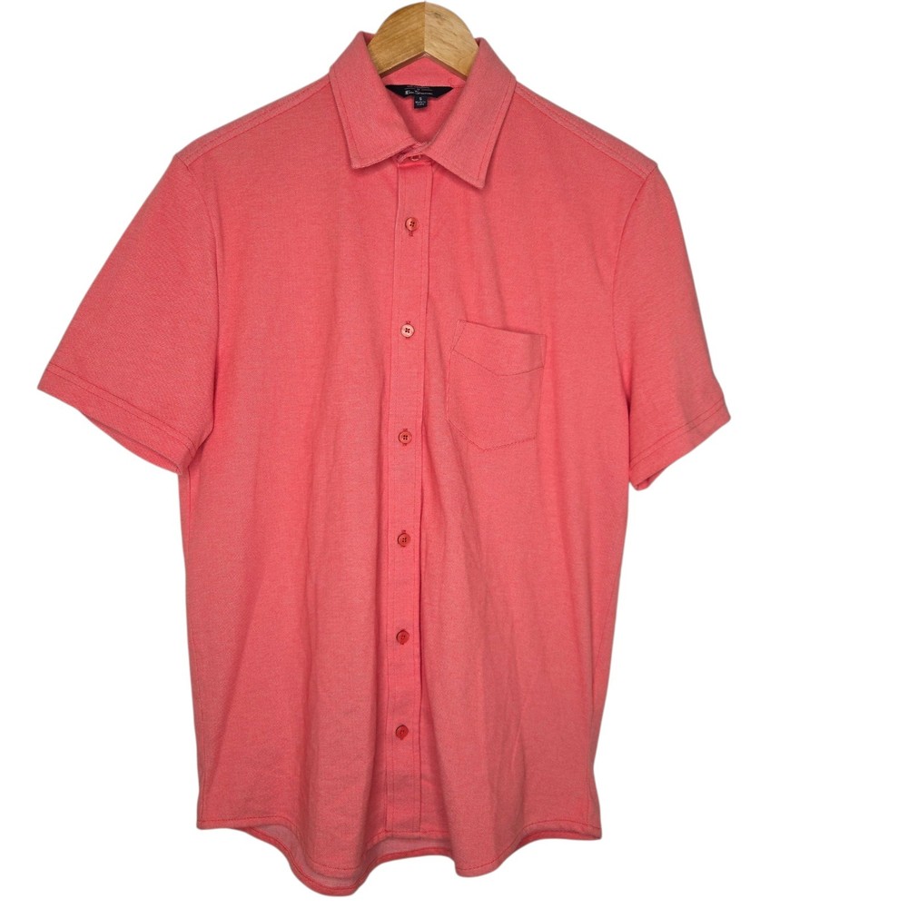 Ben Sherman Mens Pink Cotton Blend Woven Short Sleeve Button Up Shirt Small