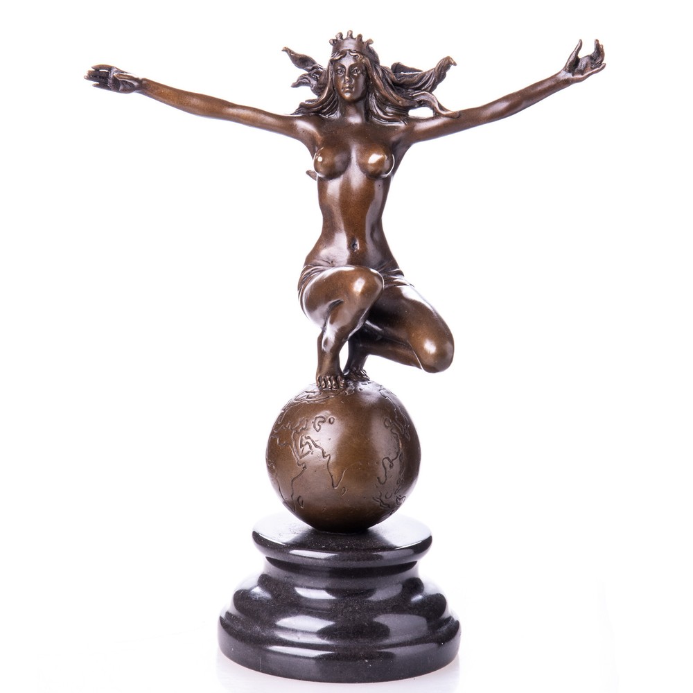 Bronze Sculpture of Female Nude on Globe Mounted on Marble Base After Nick