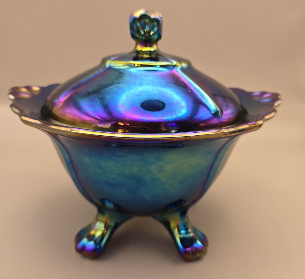 Vintage Fenton Carnival Glass Candy Dish in Cobalt Blue with Rainbow Effect