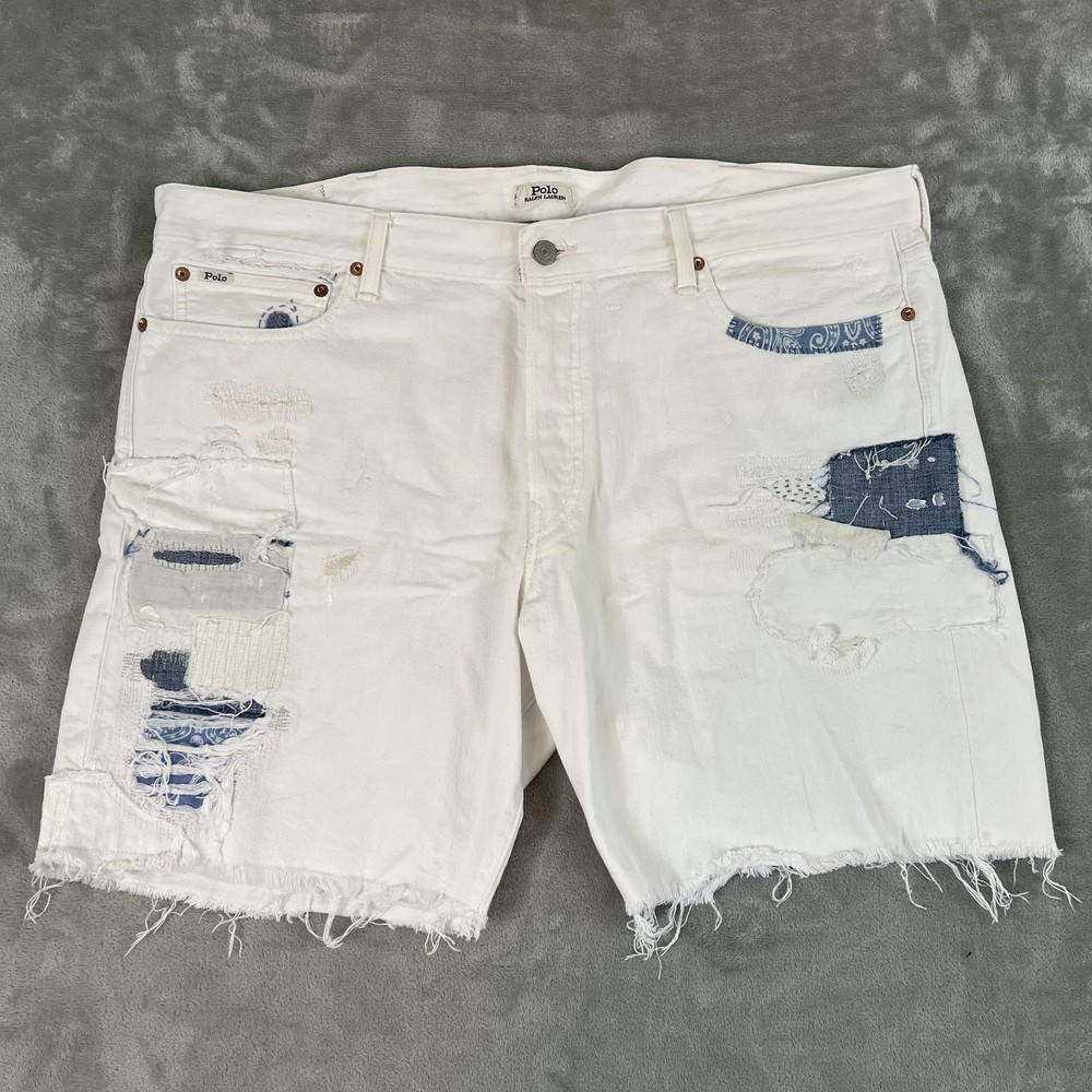 Polo Ralph Lauren Shorts Mens 44 White Sullivan Slim Distressed Denim Patchwork