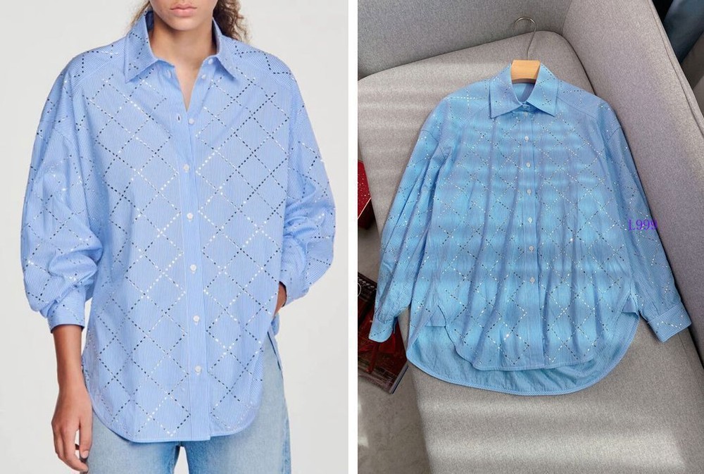 Sandro Rhinestone Blouse Top Long Sleeve Silhouette Top for Ladies