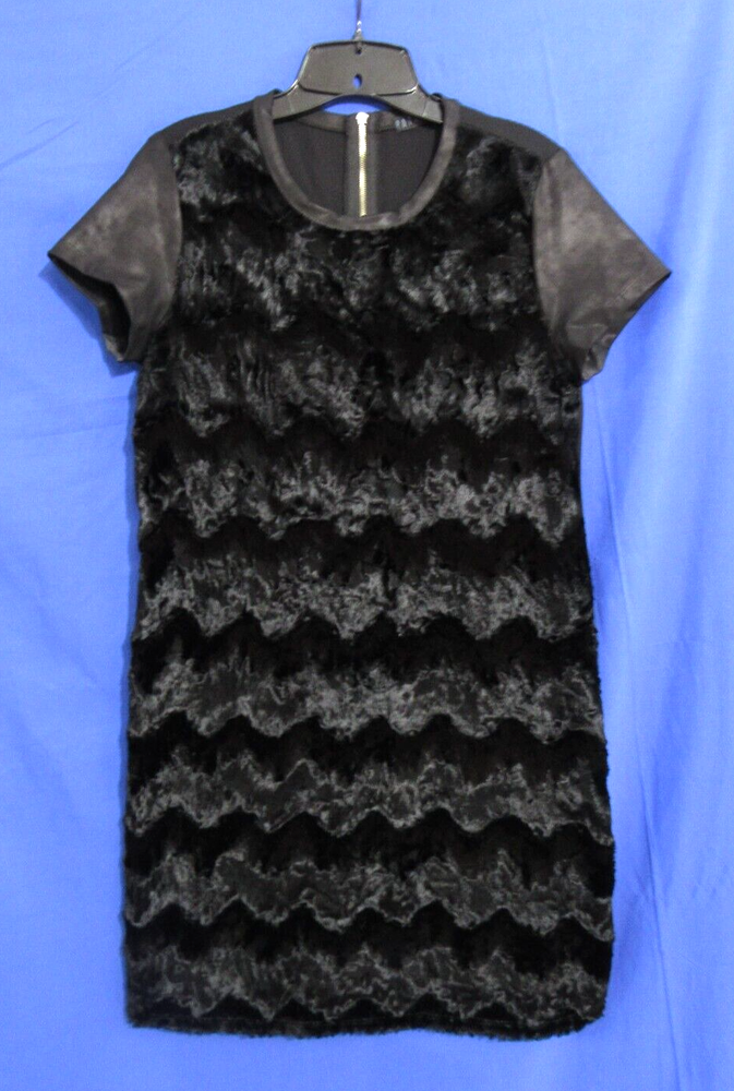 Potter’s Pot Women’s Black Faux Fur Front Zip Shift Dress Size M Soft Style