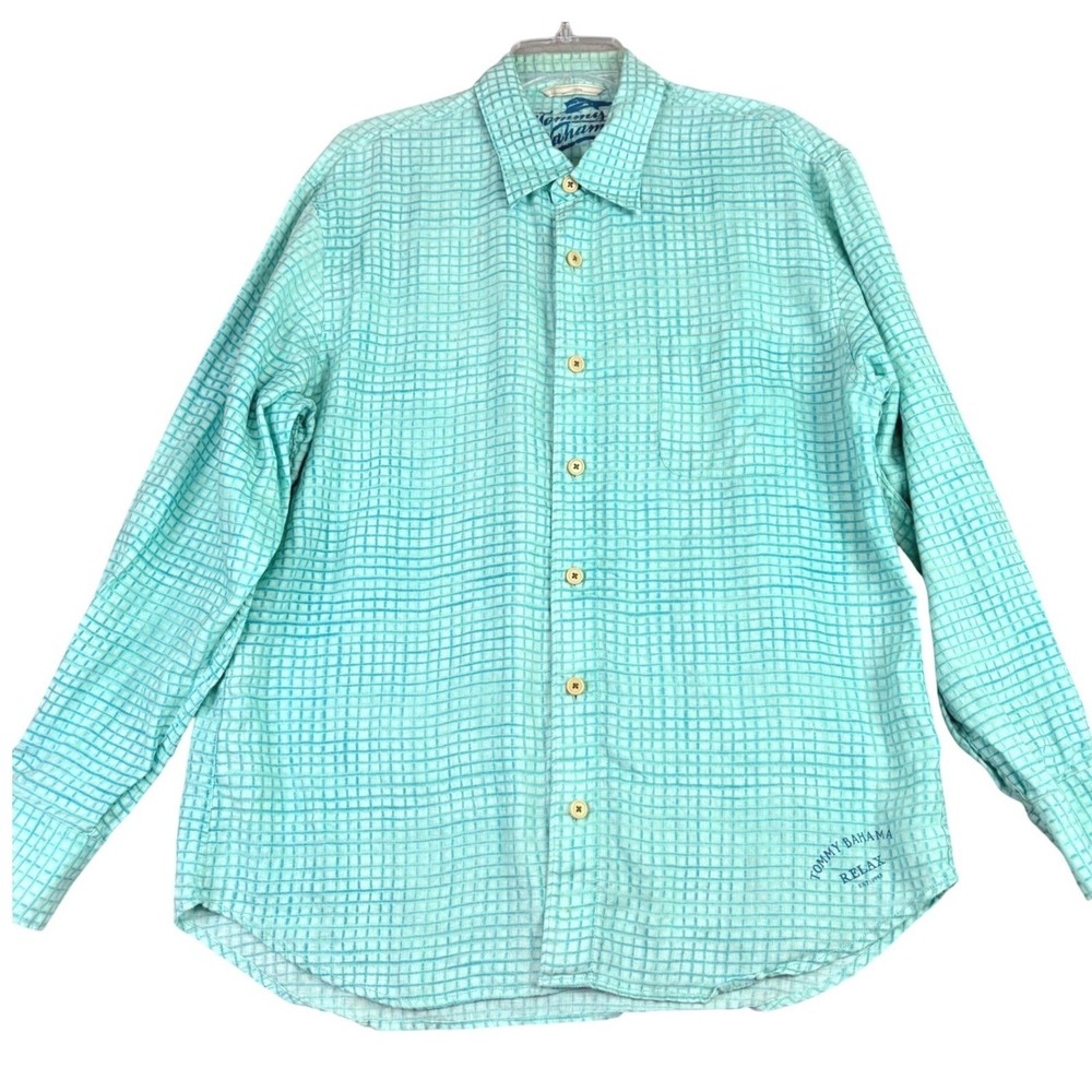 Tommy Bahama Mens L Green Plaid Linen Button Down Shirt Relax Fit Long Sleeve