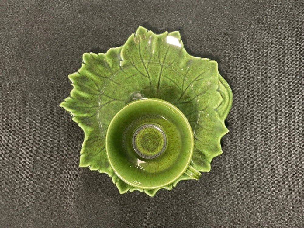 Vintage Steubenville Pottery Green Leaf Snack Luncheon Plate & Cup Set MCM