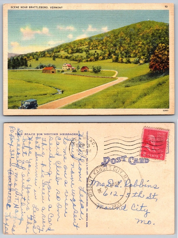 Brattleboro, Vermont Scenic View 1939 Linen Postcard with Old Car