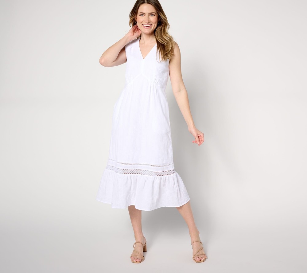 Isaac Mizrahi Live! Women's Dress Sz L Bridgehampton Gauze White A646550