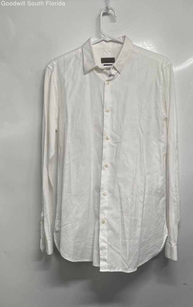 Zara Man Mens White Slim Fit Cotton Collared Long Sleeve Button-Up Shirt Size M