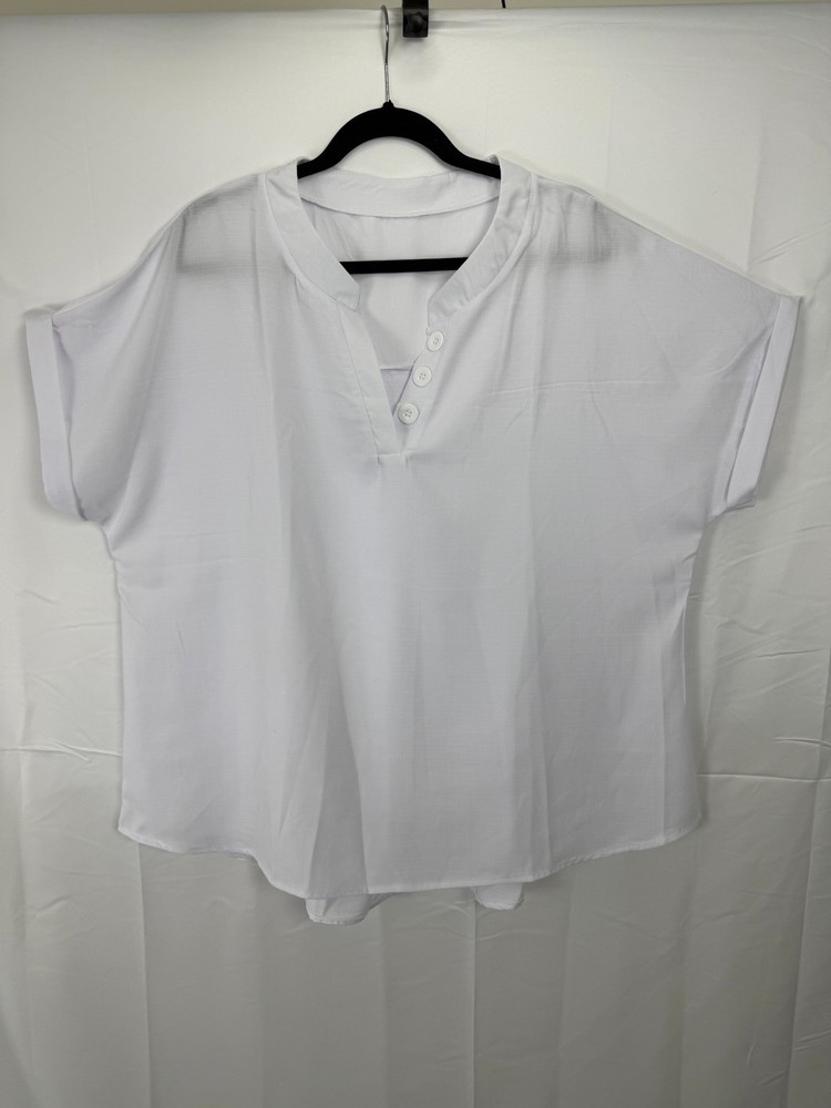 White Oversized Linen-Look Blouse | Boho Dolman Sleeve Top | Henley V-Neck | 2XL