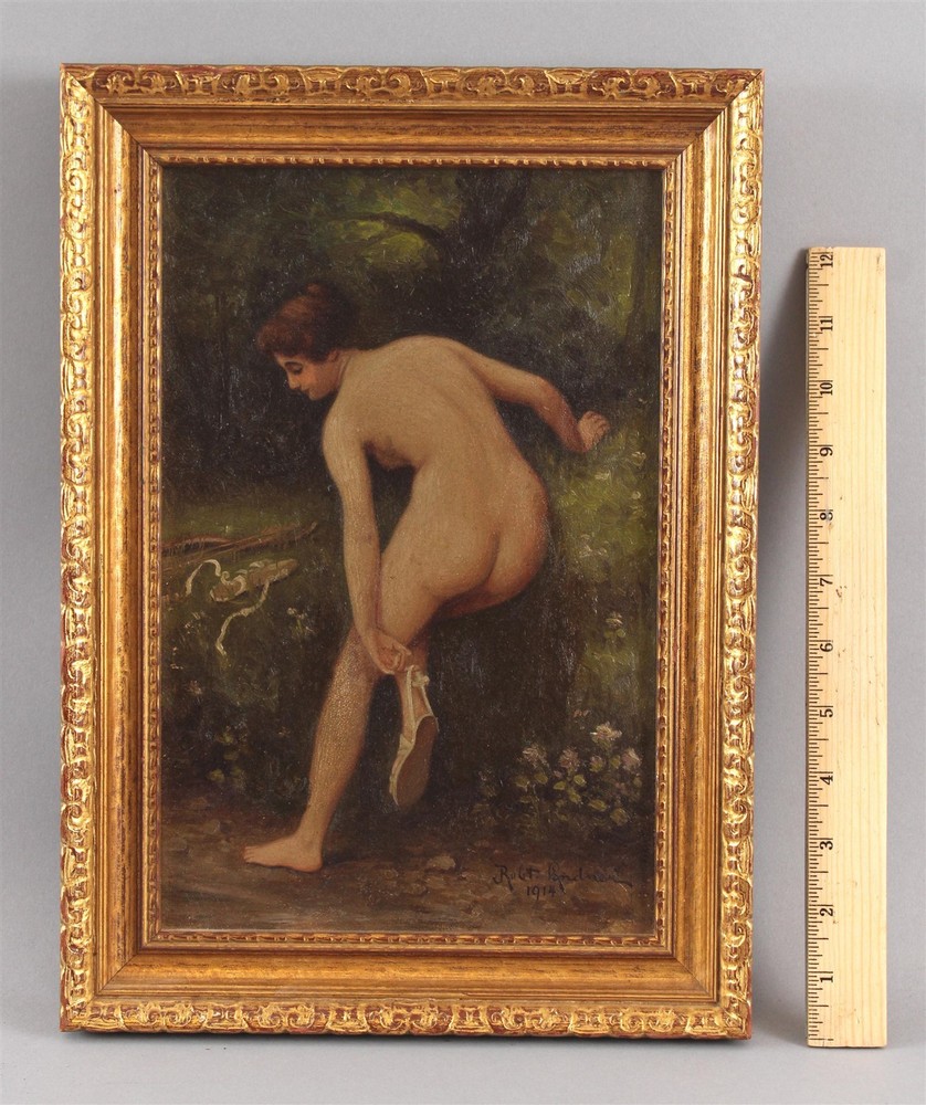 1914 Antique Signed LINDNER Oil Painting Nude Woman DIANA Huntress Quiver Arrows