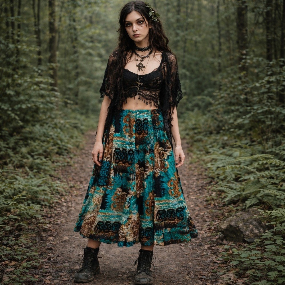Whimsigoth Maxi Skirt Size Small Lace Dark Fairy Grunge Y2K Goth Pull On Stretch